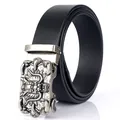 Men's black leather belt with a vintage silver dragon embossed automatic buckle - 110cm / Antique Silver Buckle - Black