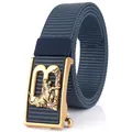 Cintura uomo in nylon blu navy con fibbia dorata a forma di tigre e lettera B chic - Fibbia in Bronzo (Tigre B Oro) / Blu Reale