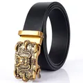 Men's black leather belt featuring a classic golden buckle with a Chinese dragon relief - 110cm / Antique Copper Buckle - Black