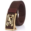 Ceinture en nylon marron pour homme avec boucle automatique dorée et motif dragon chinois - Boucle Cuivre Antique - Café
