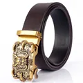 Men's brown genuine leather belt with a golden 3D dragon head automatic buckle - 110cm / Antique Copper Buckle - Coffee