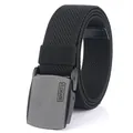 Black elastic nylon tactical belt with matte grey buckle and woven texture for men - Black