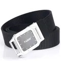Men's outdoor tactical nylon belt with smooth silver automatic buckle and black strap - Black (Silver Buckle)