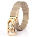 Women's khaki nylon woven belt with a luxury gold crystal buckle and adjustable strap - Gold Buckle-Khaki