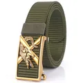 Ceinture tactique en nylon vert pour homme avec boucle automatique crocodile dorée - 120cm / Boucle Cuivre Antique - Vert Armée
