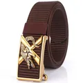 Ceinture pour homme en toile marron tressée avec boucle automatique en métal doré crocodile - 120cm / Boucle Cuivre Antique - Café