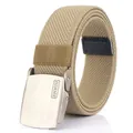 Men's khaki stretch woven canvas belt with a matte metal buckle and brand logo - Coyote Brown