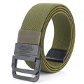 Army green elastic canvas belt with matte black double ring buckle and engraved text - Army Green