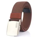 Men's dark brown elastic woven belt with silver rectangular brushed metal buckle - Brown