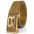 Cintura da uomo in nylon kaki con fibbia automatica dorata e design a forma di tigre - Fibbia in Bronzo (Tigre B Oro) / Marrone coyote