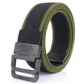 Black and army green elastic woven canvas belt with a matte grey double ring buckle - Black & Army Green