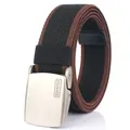 Tactical black nylon web belt with brown trim and matte metal automatic slide buckle - Black & Brown