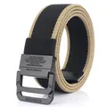 Black and khaki woven elastic canvas belt with a matte black double ring buckle - Black & Coyote Brown