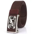 Ceinture homme en nylon marron foncé avec boucle métallique argentée et relief de dragon - Boucle Argent Antique - Café