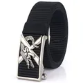 Cintura da uomo in nylon nero con fibbia automatica argentata e rilievo a coccodrillo - 120cm / Fibbia in Argento Antico - Nero