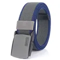 Elastic nylon canvas belt with blue-grey weave and matte grey automatic buckle - Dark Gray & Royal Blue
