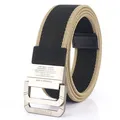 Dual-ring nylon belt with black and khaki stripes and engraved metal buckle - Black & Coyote Brown / 120cm