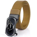 Men's tan nylon tactical belt with black matte automatic buckle featuring TUSHI logo - Black Buckle - Wolf Brown