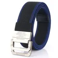 Blue and black woven nylon belt with matte double-ring buckle and brand engraving - Black & Royal Blue / 120cm