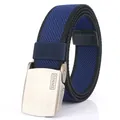 Men's navy blue woven elastic belt with matte silver buckle and black border trim - Royal Blue & Black