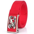 Ceinture homme rouge en nylon avec boucle automatique argentée et motif de dragon 3D - Boucle Argent Antique - Rouge