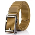 Men's khaki nylon tactical belt with dark grey metal automatic buckle on white background - Wolf Brown Nylon Strap With Silver Buckle