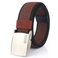 Men's casual canvas belt with dark brown and black stripes and silver automatic buckle - Brown & Black