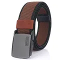 Brown and black striped elastic woven belt with black matte automatic buckle for men - Brown & Black