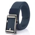 Men's navy blue nylon belt with dark grey matte metal automatic buckle and textured finish - Royal Blue Nylon Strap With Silver Buckle