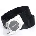 Black nylon tactical belt for men featuring a silver round automatic buckle with engraving - Silver Buckle - Black