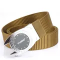 Men's khaki nylon belt with automatic silver metal buckle and decorative logo - Silver Buckle - Wolf Brown