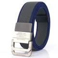 Elastic gray honeycomb nylon belt with dark blue edges and matte silver metal buckle - Dark Gray & Royal Blue / 120cm