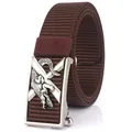 Ceinture en toile marron foncé avec boucle automatique argentée et relief crocodile - 120cm / Boucle Argent Antique - Café