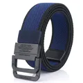 Navy blue and black elastic woven canvas belt with a matte black double ring buckle - Royal Blue & Black