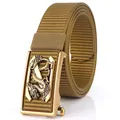 Ceinture tactique homme en nylon kaki avec boucle dragon dorée automatique - Boucle Cuivre Antique - Brun Loup