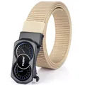 Khaki nylon woven belt with a unique alloy automatic buckle featuring dual dial design - Black Buckle - Khaki
