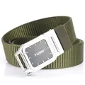 Men's army green nylon canvas belt with square silver buckle and TUSHI logo finish - Military Green (Silver Buckle)