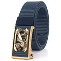 Ceinture pour homme en nylon bleu marine avec boucle dragon dorée et fermoir automatique - Boucle Cuivre Antique - Bleu Royal
