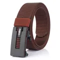 Dark brown men's nylon belt with a black automatic buckle and white TUSHI logo - 120cm / Brown