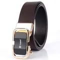 Ceinture en cuir véritable marron foncé pour hommes avec boucle automatique dorée - Boucle Dorée (110cm) / Marron