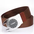 Ceinture tressée marron pour homme avec boucle automatique en métal argenté et nylon - Boucle Argentée - Café