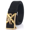 Ceinture noire en nylon tissé avec boucle automatique dorée ornée d'un relief crocodile - 120cm / Boucle Cuivre Antique - Noir