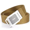 Brown nylon tactical belt for men with a square silver automatic buckle and logo - Silver Buckle - Wolf Brown / 120cm