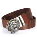 Men's brown canvas tactical belt with silver lion head relief buckle on white background - Antique Silver Buckle - Coffee