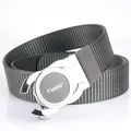 Men's casual grey nylon web belt featuring a polished silver automatic alloy buckle - Silver Buckle - Dark Gray