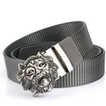 Men's grey nylon tactical belt with a metallic silver lion head buckle on white background - Antique Silver Buckle - Dark Gray