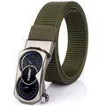 Army green woven nylon belt featuring a tactical gunmetal grey automatic metal buckle - Gunmetal Buckle Army Green