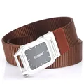 Brown nylon woven belt with silver square automatic buckle for outdoor casual wear - Silver Buckle - Coffee / 120cm