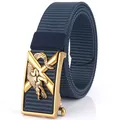 Ceinture homme en nylon tressé bleu marine avec boucle automatique dorée à crocodile - 120cm / Boucle Cuivre Antique - Bleu Royal
