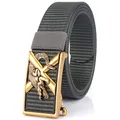 Ceinture en toile tressée gris foncé avec boucle automatique crocodile dorée pour homme - 120cm / Boucle Cuivre Antique - Gris Foncé